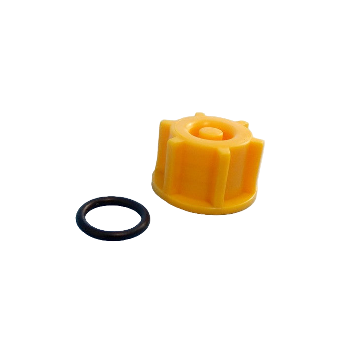Yellow cap and black rubber ring on a white background