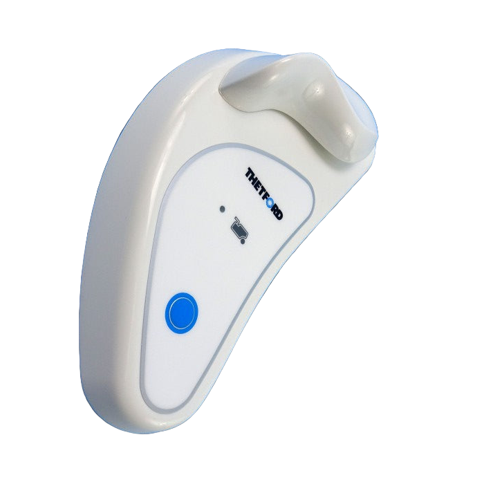 White electronic device with blue button on a white background