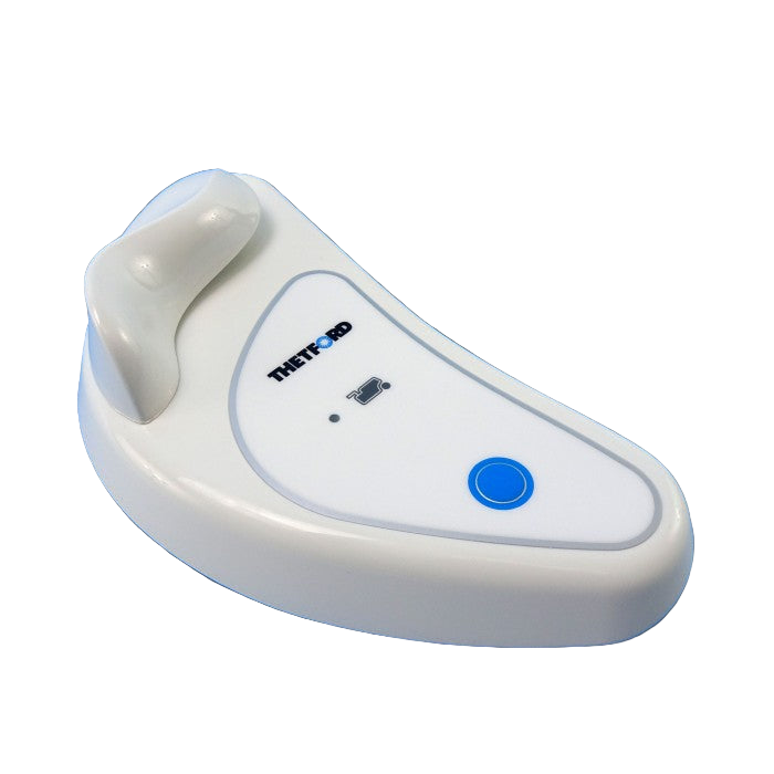 White electronic device with blue light on a white background
