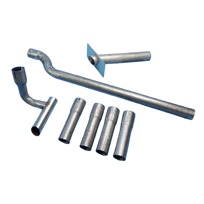 Set of metal exhaust pipes and connectors on a white background