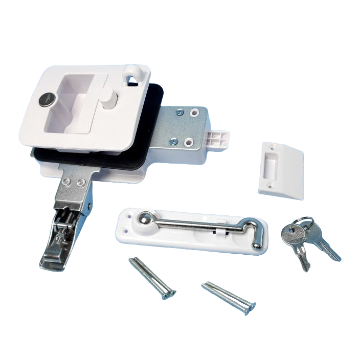 Lock mechanism with keys and screws on a white background