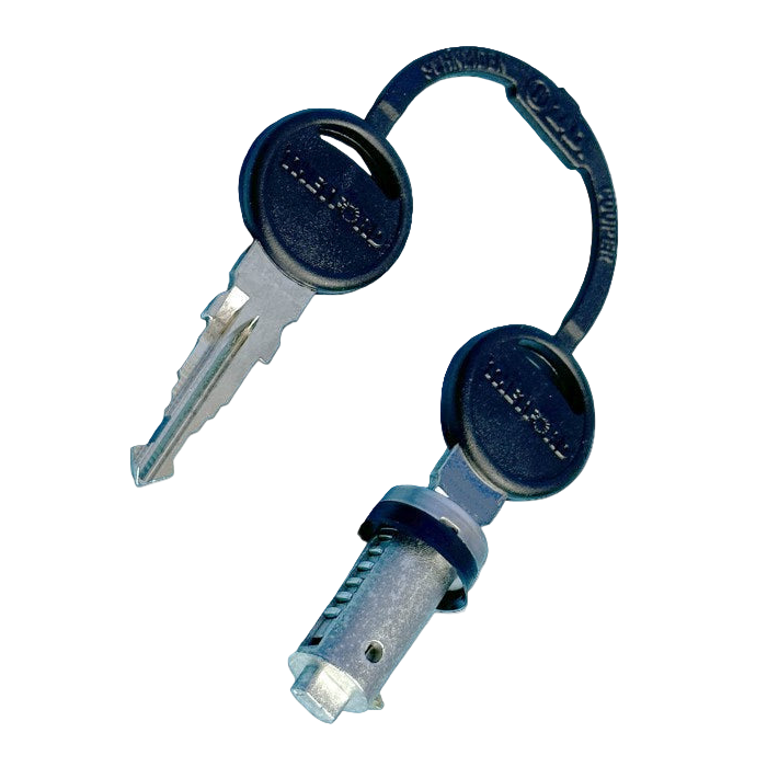 Lock cylinder with two keys on a white background
