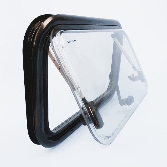 Pet door with clear flap and black frame on a white background