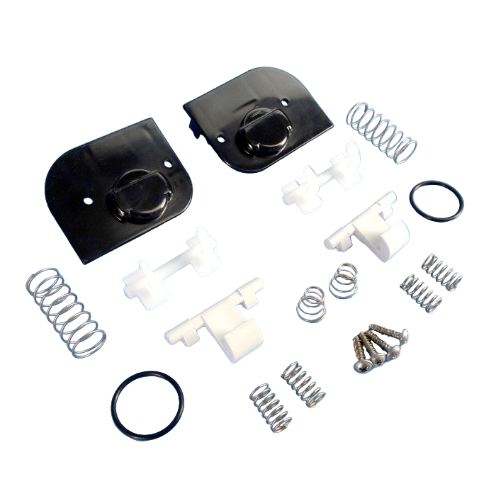 Mechanical parts including springs, o-rings, and metal components on a blue background
