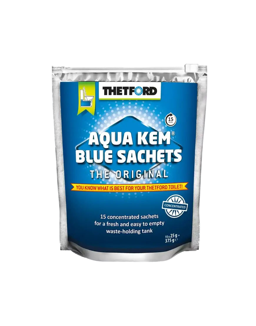 Thetford Aqua Kem Blue Sachets packaging on a white background