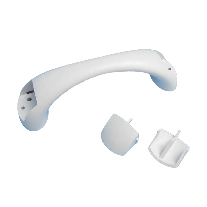 White plastic handle assembly on a white background