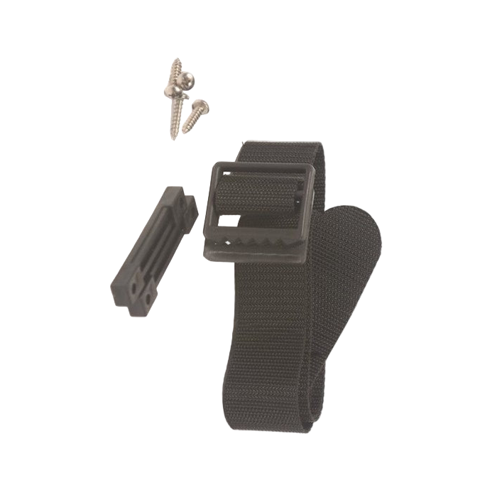 Black belt with hardware components on a white background