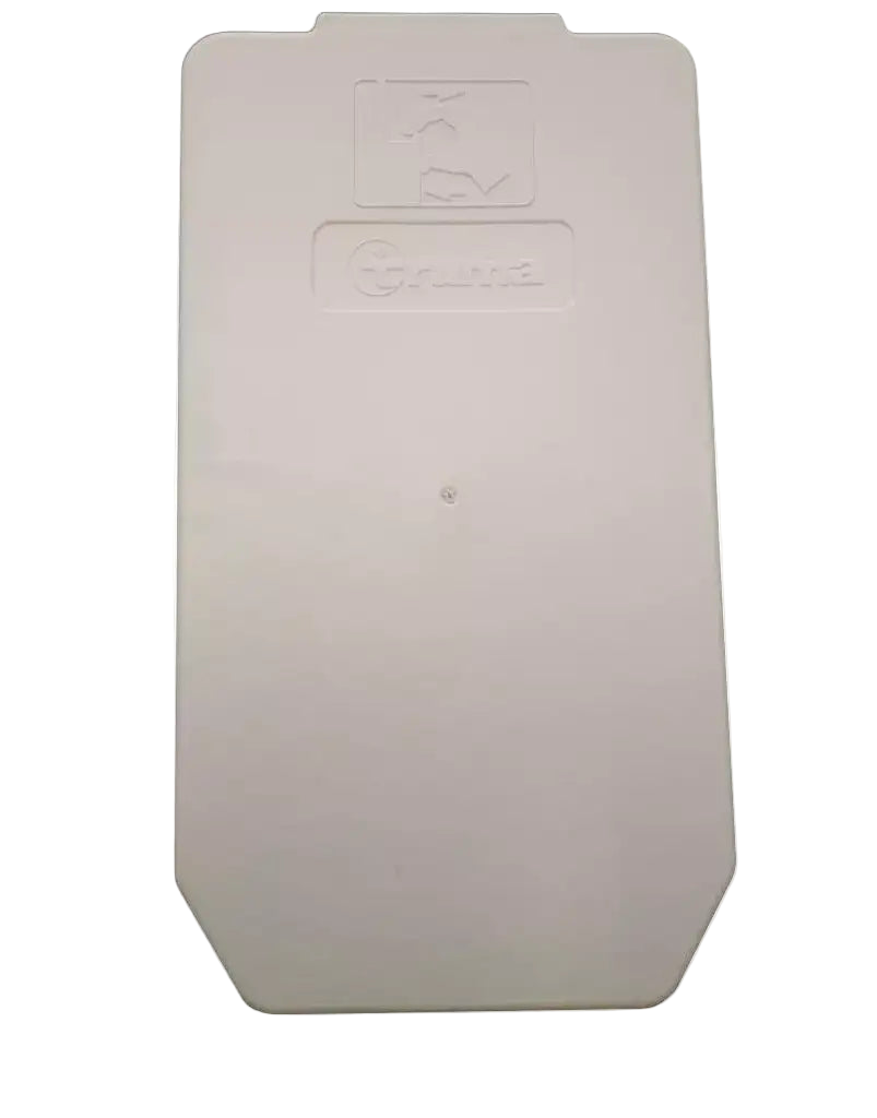 White plastic component with a logo on a white background