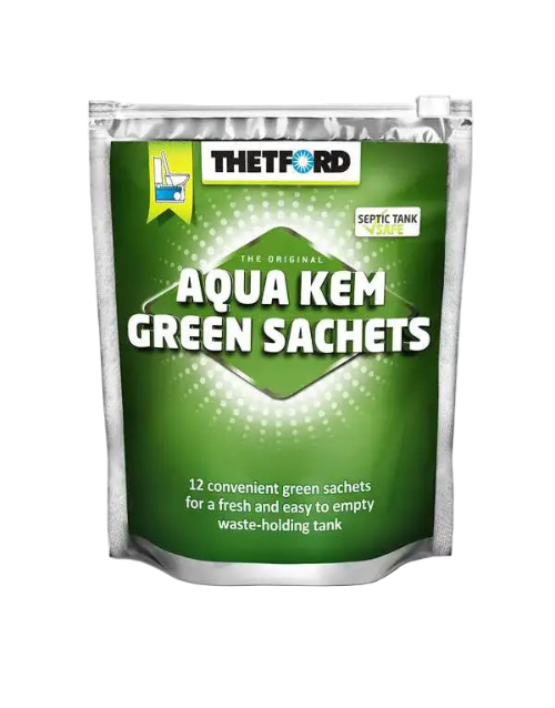 Pack of Aqua Kem Green Sachets with Thetford branding on a white background