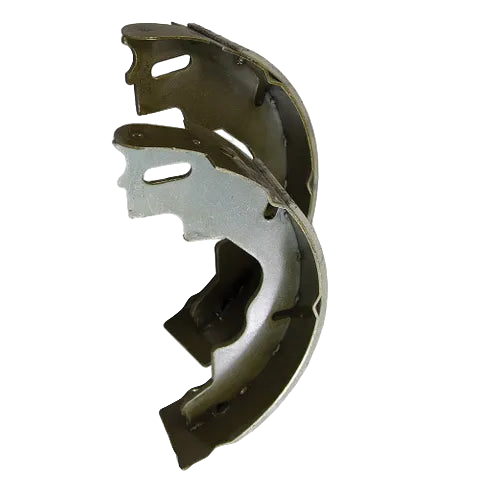 Two metal brake shoes on a white background